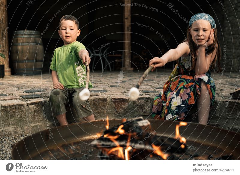 Zwei Kinder grillen Marshmallows alte Scheune Feuerstelle Lagergeuer rösten Kindheit Lifestyle Spannung Spielen naschen Süßwaren Süßigkeiten Freude spass