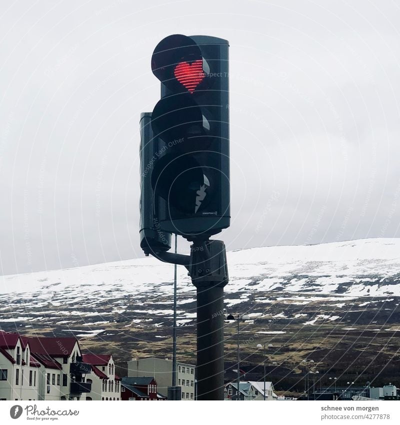 Herz in Ampel Akureyi Island Winter Schnee Berge Urlaub Berge u. Gebirge Außenaufnahme Farbfoto Landschaft Natur Menschenleer Abenteuer Tourismus Ferne Eis