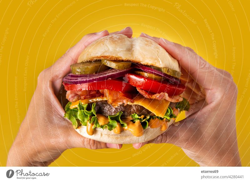 Hände, die einen Feef-Burger mit Speck aufnehmen Amerikaner Rindfleisch Brot Käse lecker essen Fastfood Lebensmittel Hand selbstgemacht Bestandteil Salat