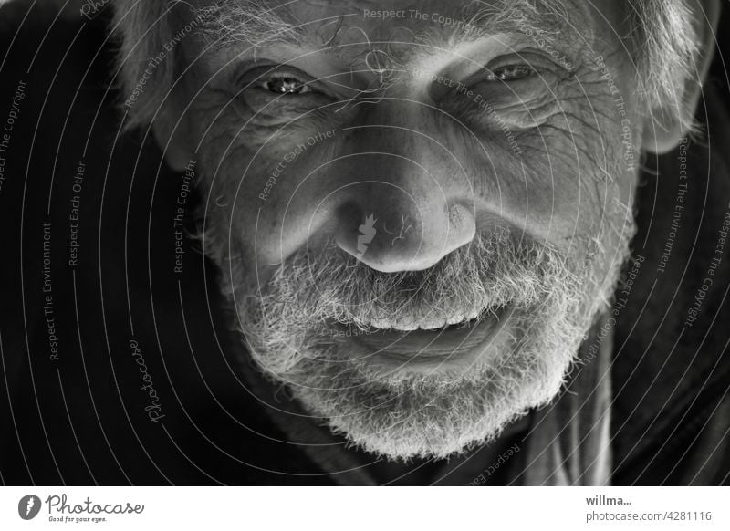 Porträt eines bärtigen Mannes mit Lebenserfahrung Blickkontakt Blick in die Kamera direkt Erzähler kommunizieren erzählen sprechen verschmitzt lächeln Bart