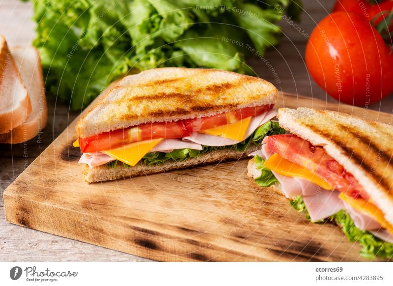 Sandwich mit Tomate, Kopfsalat, Schinken und Käse Brot Frühstück Club lecker Fastfood Lebensmittel frisch gegrillt Bestandteil Salat panini gepresst