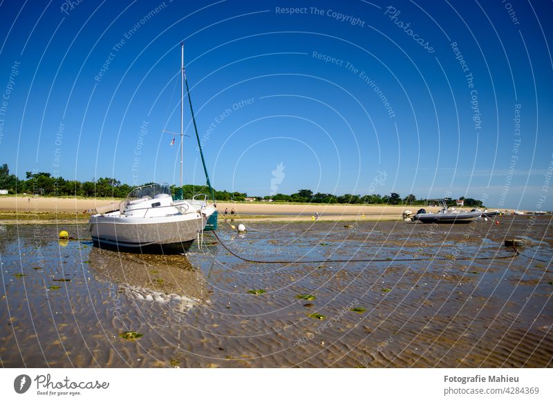Boote auf dem Strand liegend Charente-Maritime Frankreich Ile de re Nouvelle-Aquitaine Portes-en-Ré MEER Sommer Überfluss schön Blauer Himmel Bootsverlegung