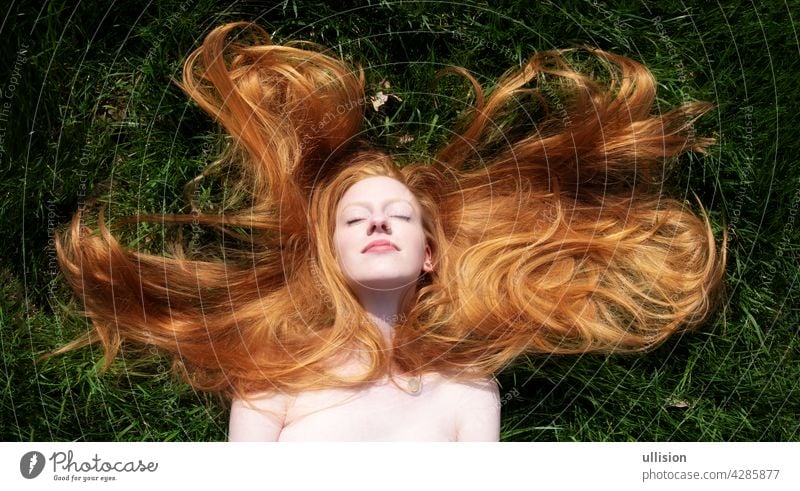 Draufsicht auf schönes Porträt der jungen sexy rothaarigen Frau, liegend in den Frühling, Sommersonne, entspannend auf dem grünen Gras, die langen roten Haare drapiert frei um den Kopf, Kopie Raum