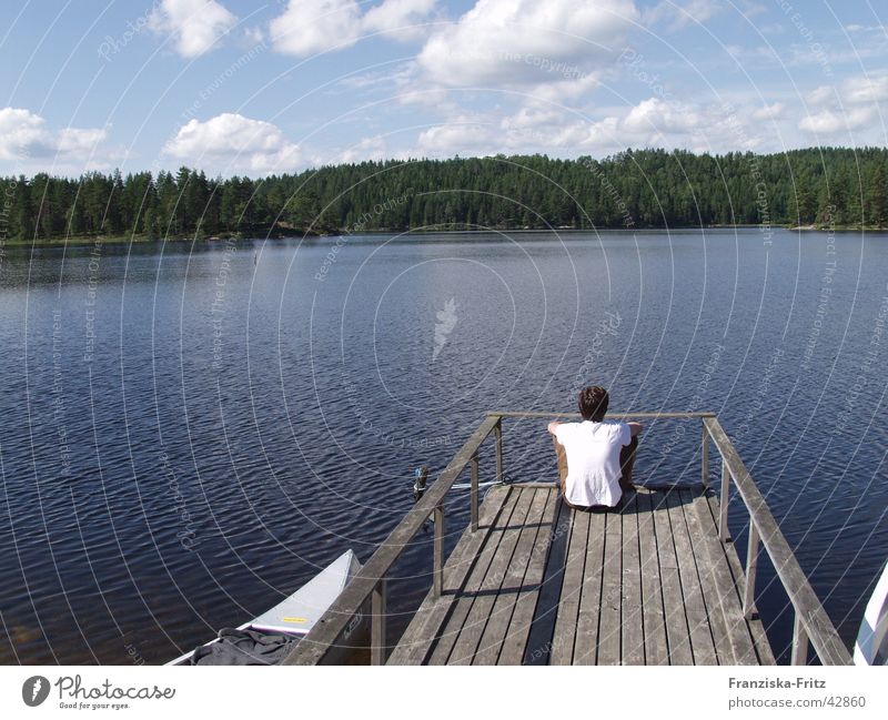 In der Ruhe liegt die Kraft Kanu Denken Steg See Wald Baum ruhig Erholung Wolken Sommer Mann Ferien & Urlaub & Reisen Europa Wasser Schweden nachdenken Küste