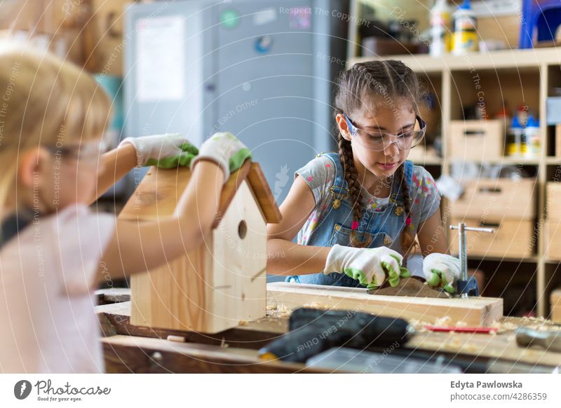 Zwei kleine Mädchen bauen Vogelhaus in der Garage Werkstatt arbeiten Menschen Kind Kinder Frauenpower Fähigkeit Handwerk Hobby Lifestyle Werkzeuge Konzentration
