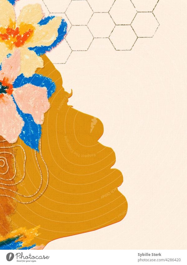 Afrikanisches Frauengesicht im Profil mit Blumen, Ohrringen und Honigwabe schwarz Reifen abstrakt Wabe Sommer Stadtfest Feier Fröhlichkeit Musik Regenbogen gold