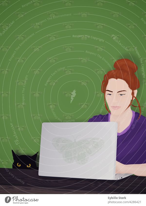 Frau arbeitet von zu Hause aus mit schwarzer Katze arbeiten von zu Hause aus arbeiten Laptop Junge Frau rote Haare Motte schwarze Katze katzenhaft Begleiter