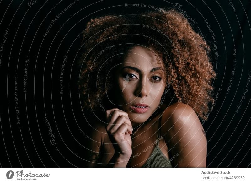 Schwarze Frau in dunklem Studio Model krause Haare Afro-Look Frisur dunkel Atelier Vorschein charmant Windstille ethnisch schwarz Afroamerikaner feminin
