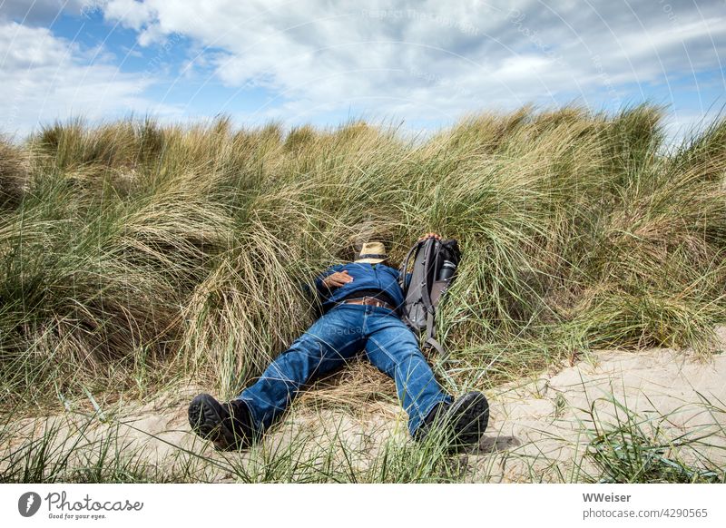 Gestrandet: Ein überarbeiteter Stadtmensch hat aus letzter Kraft den Strand erreicht Düne Stranddüne schlafen ausruhen Urlaub liegen relaxen entspannen