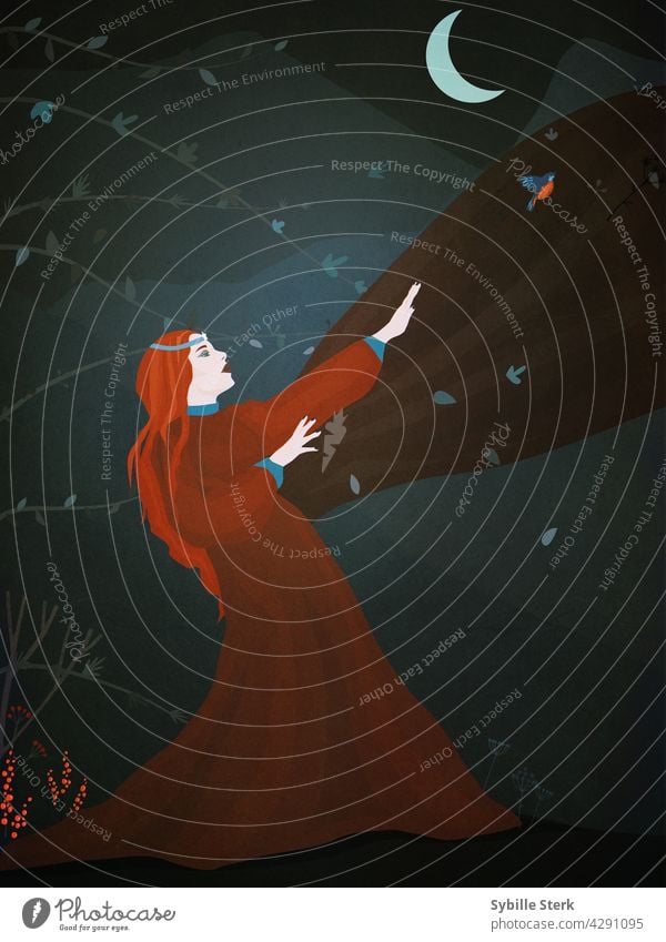 Hexe beim Zaubern in der Nacht mit Vogel und Mondsichel Junge Frau rote Haare Zauberspruch Pflanzen Blätter Hügel magisch Zauberei u. Magie Zauberin Mysterium