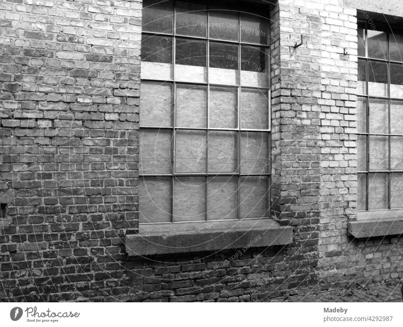 Altes Sprossenfenstern einer ehemaligen Fabrik mit altem Mauerwerk aus Backstein in Offenbach am Main in Hessen, fotografiert in neorealistischem Schwarzweiß