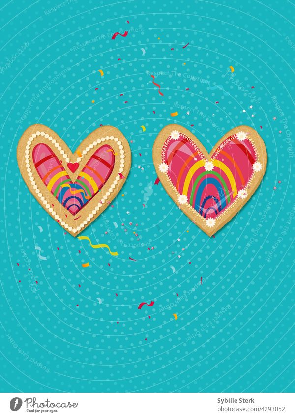 Kekse in Herzform mit Regenbögen und Konfetti Cookies herzförmig Regenbogen gleichgeschlechtliche Ehe Homo-Ehe schwule Hochzeit lgbt Fröhlichkeit Liebe Romantik