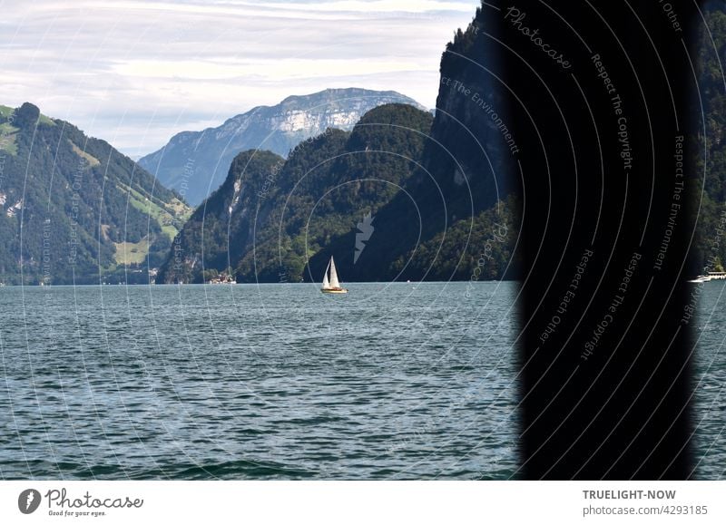 Zwischendurch mal baden gehen. Blick von einer Schiffshütte am Lake Lucerne oder Vierwaldstätter See in der Schweiz auf das Wasser, in der Ferne ein Segelboot und im Hintergrund Berge