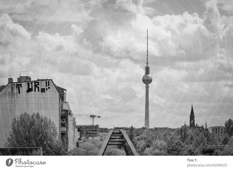 Blick Richtung Prenzlauer Berg mit Fernsehturm Schwedter Steg s/w Zionskirche mauerpark Graffiti Brücke Himmel Kran Schwarzweißfoto Architektur Altstadt
