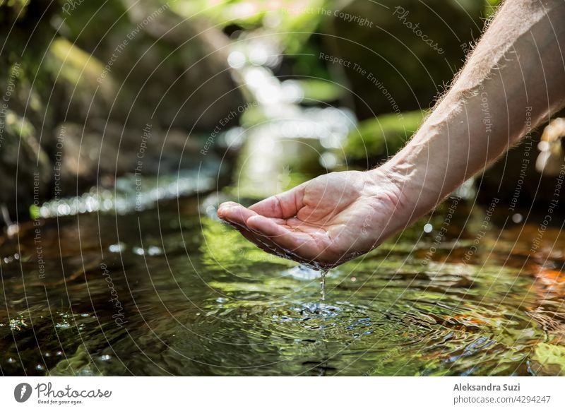 Mann nimmt klares Wasser aus einem Bach im Wald. Nahaufnahme der Hand. Nuuksio-Nationalpark, Finnland. Sonniger Sommertag im Wald. Schöne Quelle Wasser läuft in Felsen.