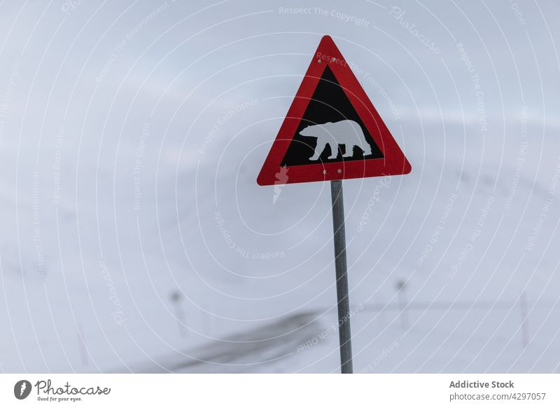 Bärenwarnschild in verschneiten Bergen Ermahnung Verkehrsschild Zeichen Straße Winter Berge u. Gebirge polar Aufmerksamkeit Vorsicht Svalbard Norwegen wild