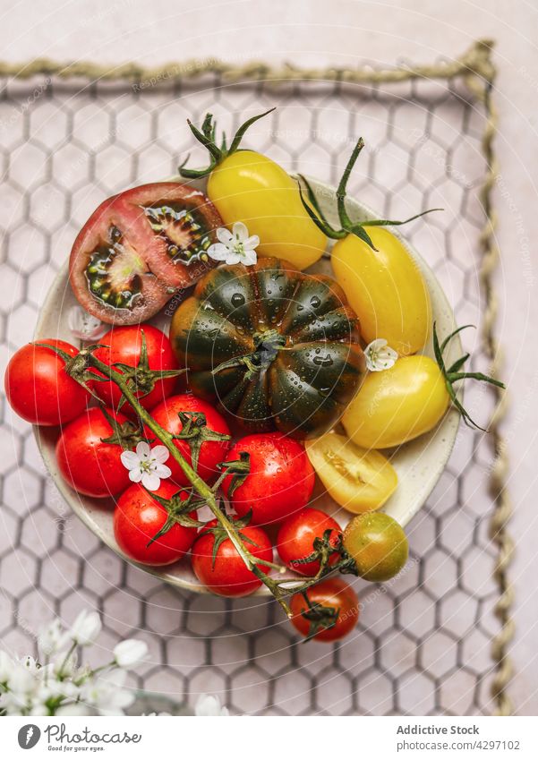 Gesunder Tomatensalat auf grauem Betontisch Salatbeilage Teller Bestandteil dienen Mittagessen Gesundheit Lebensmittel Gemüse Mahlzeit Speise Vegetarier