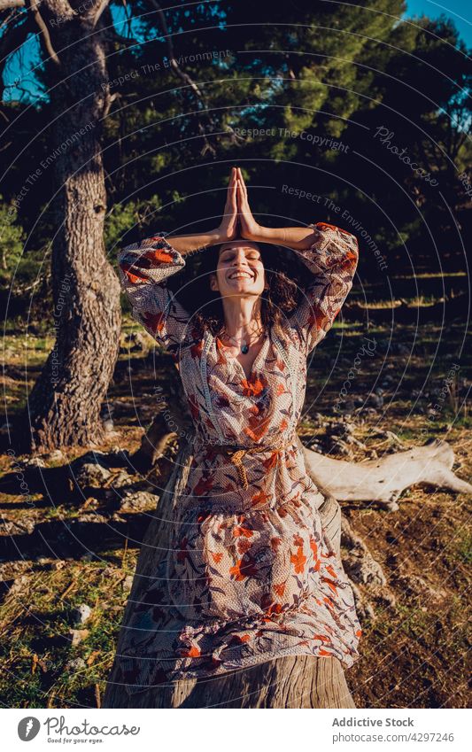 Frau macht Yoga in Heldenpose in den Bergen üben Lächeln Berge u. Gebirge Anmut Asana Harmonie virasana Meditation Kleid Glück Gelassenheit ruhig Natur Baum