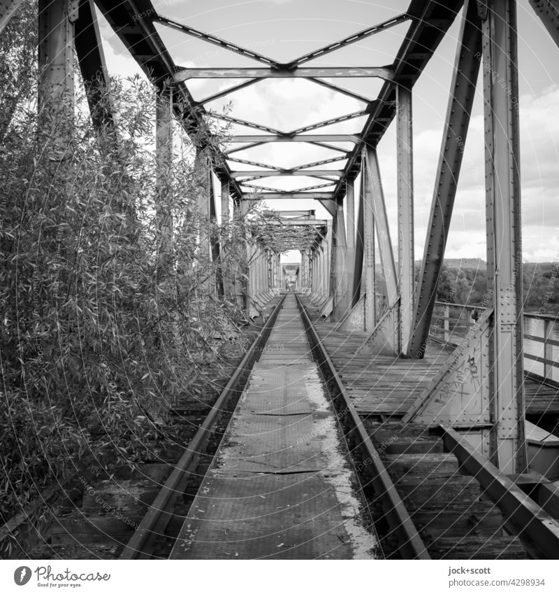 verlorene Brücke zwischen der Zeit Eisenbahnbrücke Gleise lost places Grenzgebiet Strukturen & Formen Symmetrie Verkehrswege geradeaus Schwarzweißfoto