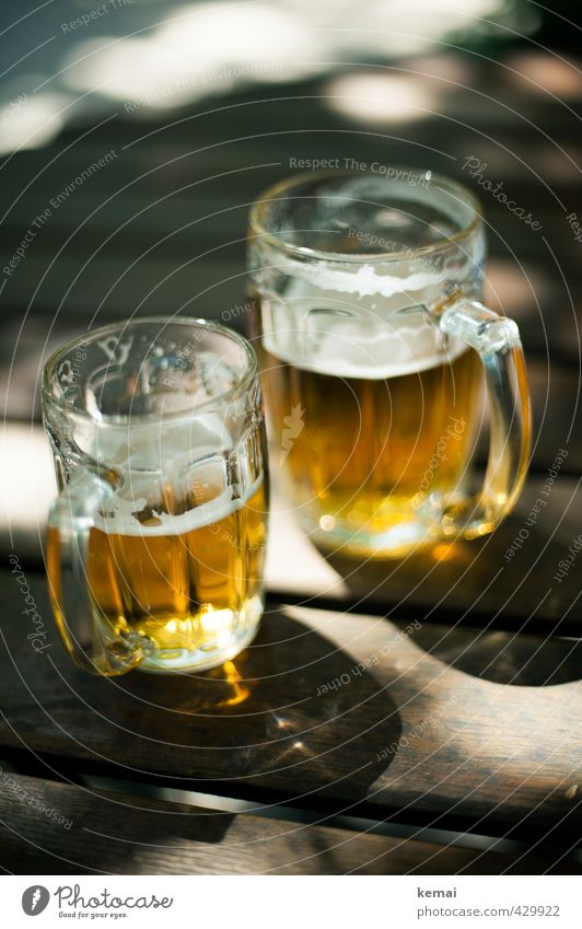 Off to have some pints Getränk Erfrischungsgetränk Alkohol Bier Glas Bierglas Bierkrug Tisch Biergarten Holz glänzend groß kalt klein lecker gold 2 Farbfoto