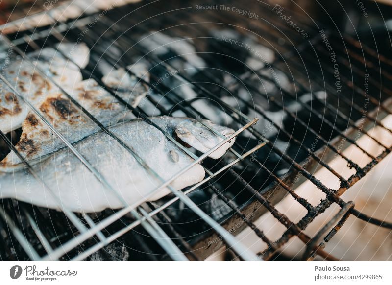 Grillen von Fisch Grillrost gegrillt grillen Grillsaison Lebensmittel Feuer lecker Außenaufnahme Grillkohle Ernährung heiß Sommer Tag Holzkohle Kohle Farbfoto