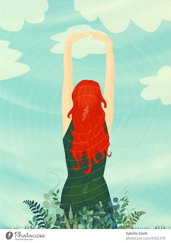 Junge rothaarige Frau, die nach dem Himmel greift rote Haare Junge Frau erreichend strecken Wolken Blätter symbolisch konzeptionell gläserne Decke Yoga Karriere