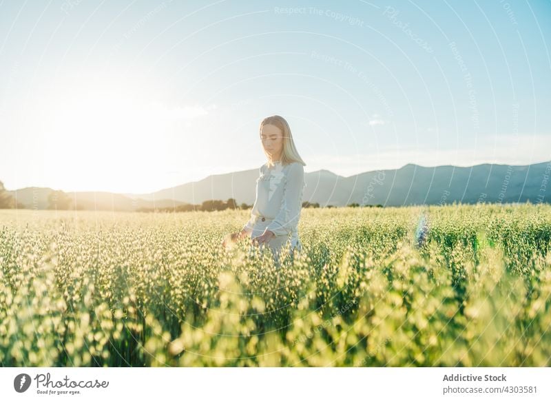 Nachdenkliche Frau im weißen Kleid auf einem sonnigen Feld auf dem Land Gras Sonnenuntergang weißes Kleid romantisch Harmonie Landschaft Freiheit Saison Angebot