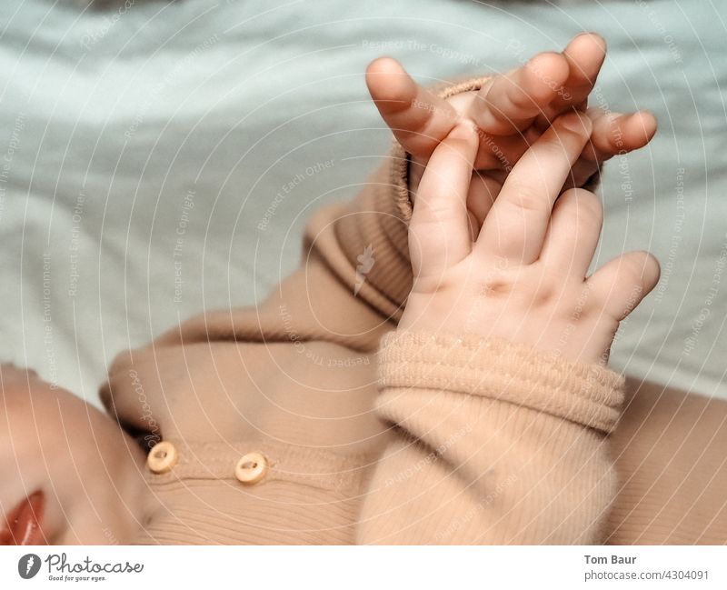 spielende Babyhände eines Säuglings, welcher auf dem Bett liegt Nahaufnahme Hände Spielen Säuglingsalter Kind Kindheit niedlich schön unschuldig berühren
