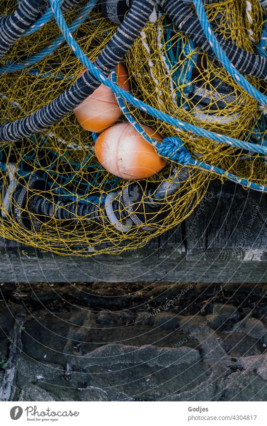 Fischernetz liegt auf einem Steg Fischerei Fischereiwirtschaft Netz Farbfoto Außenaufnahme Netzwerk Tag Angeln Fischfang fangen Hafen Fischereihafen netzartig