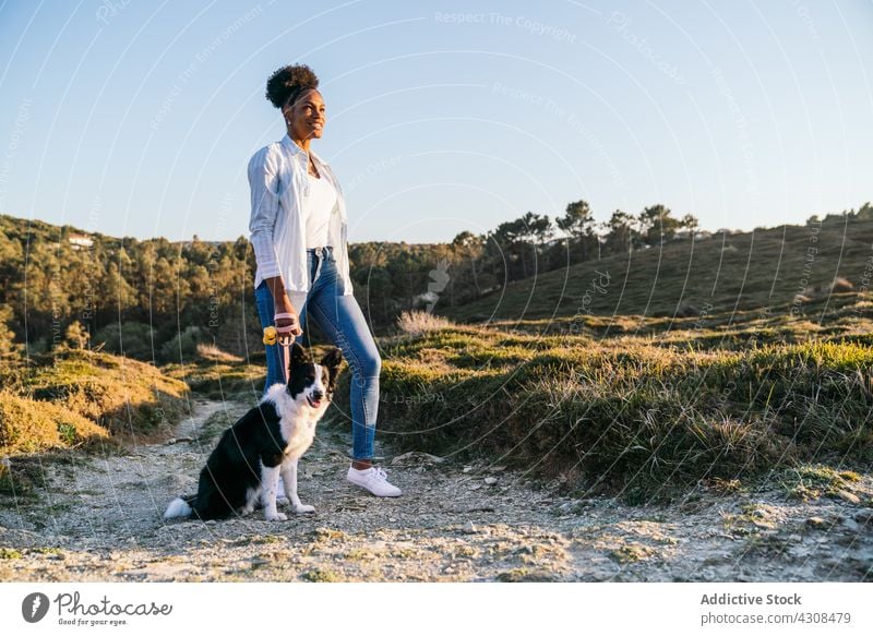 Frau mit Hund beim Spaziergang in der Natur Glück Haustier Liebe Tier Nachlauf Landschaft Begleiter Freund schwarz Afroamerikaner loyal Besitzer Lifestyle