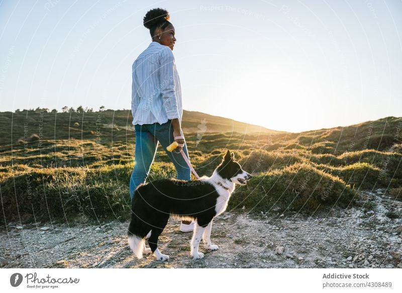 Frau mit Hund beim Spaziergang in der Natur Glück Haustier Liebe Tier Nachlauf Landschaft Begleiter Freund schwarz Afroamerikaner loyal Besitzer Lifestyle