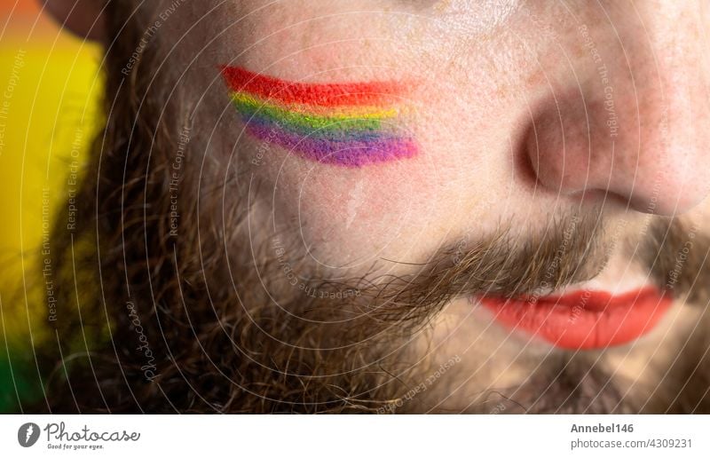 Junger gut aussehender bärtiger Mann mit Stolzflagge auf der Wange, Regenbogenflagge steht für LGBTQ, Gender-Recht und sexuelle Minderheit. Porträt Fahne lgbt