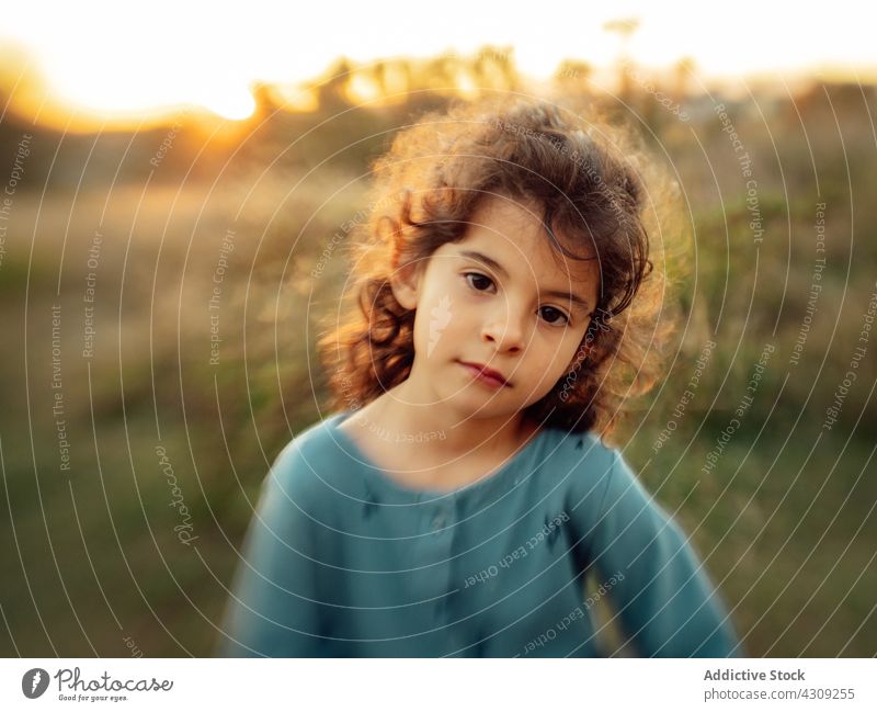 Kleines Mädchen mit lockigem Haar in der Natur Kind Feld Sonnenuntergang krause Haare wenig Menschliches Gesicht niedlich Porträt ethnisch Windstille neugierig