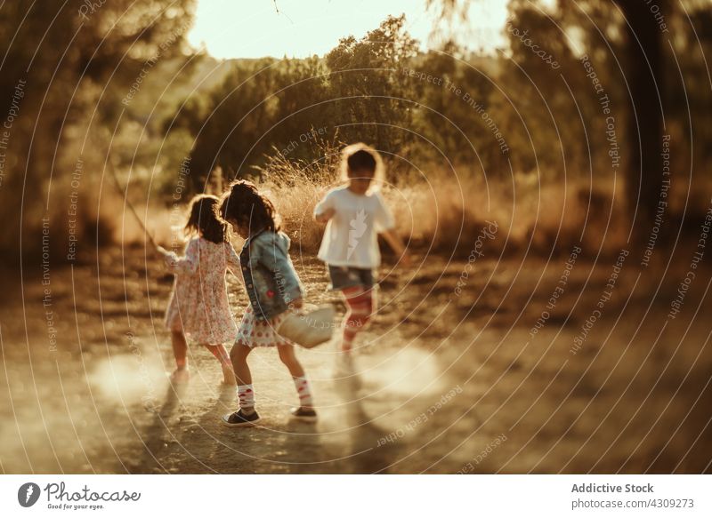 Kleine Kinder haben Spaß in der Pfütze Spaß haben Natur Sommer Freund Menschengruppe spielen Zusammensein sorgenfrei Glück springen Mädchen spielerisch Kindheit