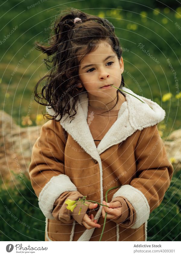 Nettes ethnisches Mädchen in Oberbekleidung in der Natur stehend Kind Frühling Mantel besinnlich niedlich Blume wenig Kindheit nachdenklich Gras Blütezeit