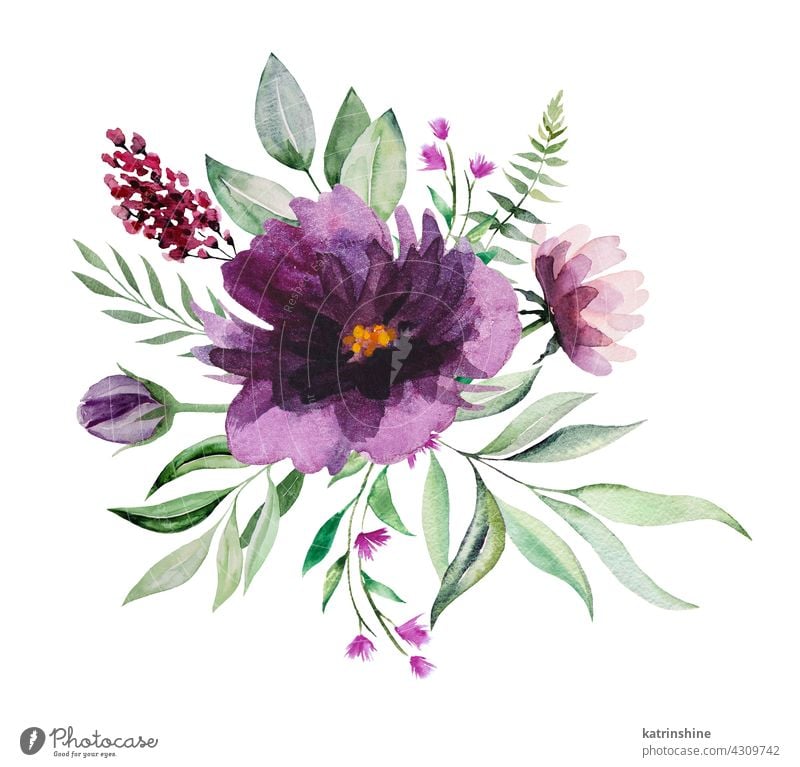 Aquarell lila und rosa wilde Blumen und grüne Blätter Bouquet Illustrationen botanisch Dekoration & Verzierung Zeichnung Element Laubwerk Garten handgezeichnet
