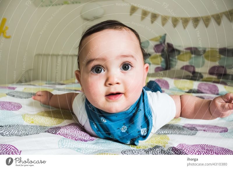 Porträt eines bezaubernden liegenden Babys babycare Säuglingsalter schön Schönheit Junge Pflege Kaukasier Kind Kinderbetreuung Kindheit Nahaufnahme niedlich