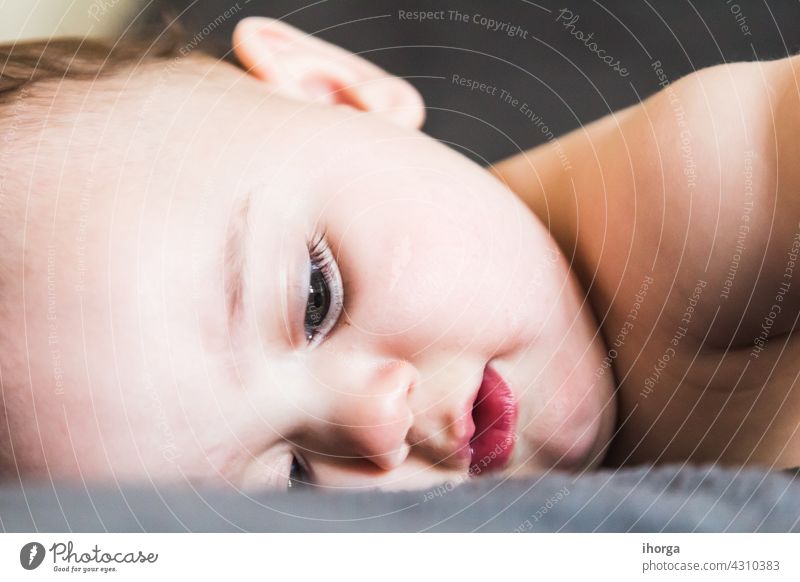 Porträt eines bezaubernden liegenden Babys babycare Säuglingsalter schön Schönheit Junge Pflege Kaukasier Kind Kinderbetreuung Kindheit Nahaufnahme niedlich