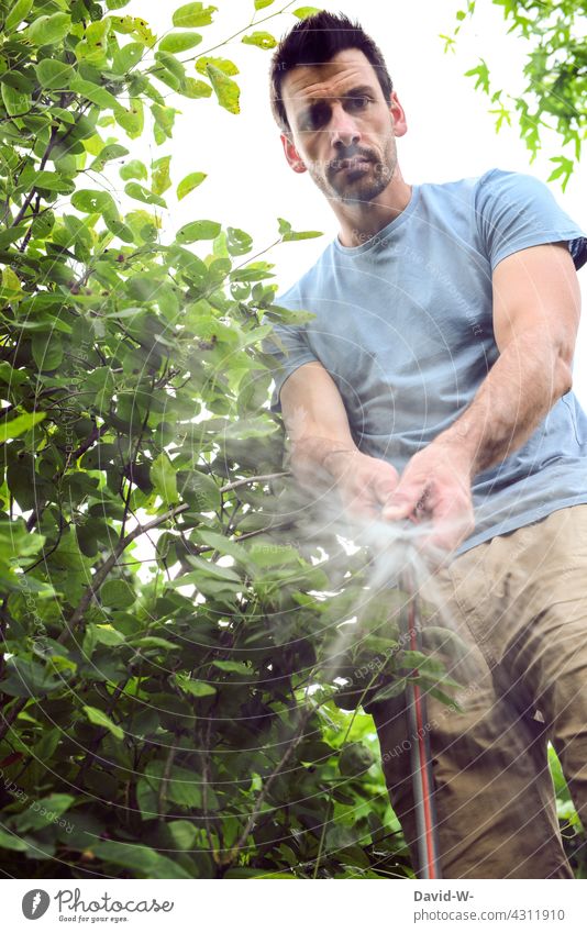 Mann bei der Gartenarbeit - am wässern Wasserschlauch Pflanzen gärtnern ernst genervt gießen Sommer Bewässerung Hitzesommer heiß Trockenheit trockenperiode