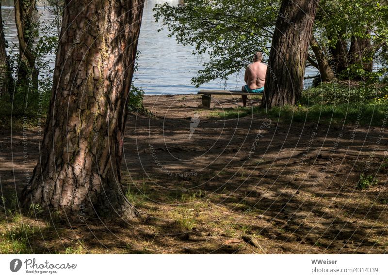 Ein Mann mittleren Alters, kräftiger Körperbau, entspannt sich auf einer Bank allein am See Fluss Mensch Wald Bäume Natur halbnackt Wasser Badegast Badehose