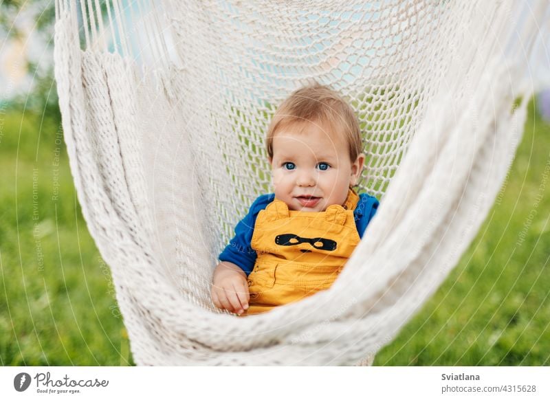 Ein kleiner Junge sitzt in einer Hängematte und schaut in die Kamera an einem Sommertag im Garten Baby Kleinkind Kind Sonne grün Natur Sommerzeit Sonnenbad