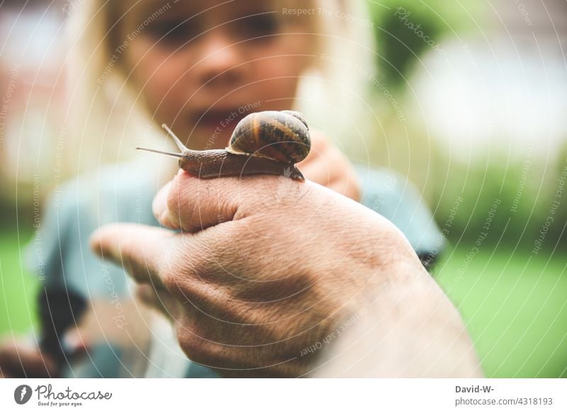 Vater und Kind in der Natur - die Welt zeigen staunen aufmerksam Tier interessier spannung Neugier Kindererziehung erklären Tochter Schnecke fasziniert Papa