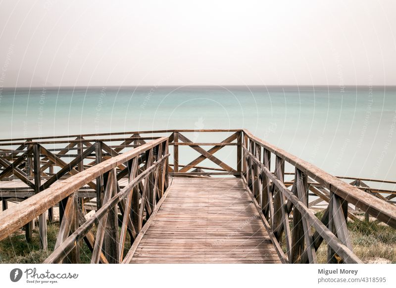 Holzbrücke zum Strand und ruhigen Meer hölzern Windstille Ferien & Urlaub & Reisen Erholung Sommer Himmel MEER Wasser Sommerurlaub