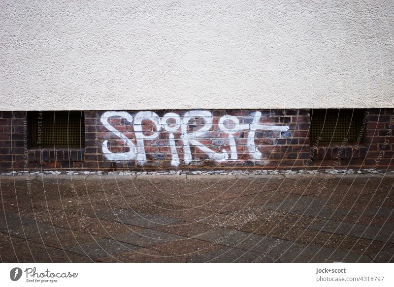 SPIRIT gesprüht auf urbaner Fläche Spray Großbuchstabe Straßenkunst Kreativität Wort Prenzlauer Berg Berlin Fassade Kellerfenster Bürgersteig