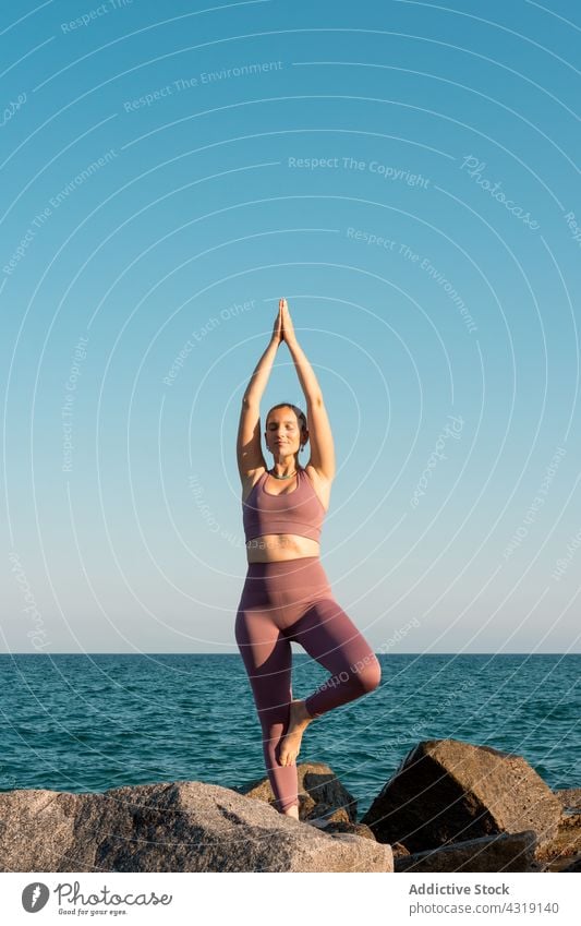 Frau in Baumpose beim Yoga am Meeresufer Baumhaltung üben meditieren Gleichgewicht Strand MEER vrksasana Harmonie Asana Ufer Zen Küste Stein Achtsamkeit Felsen