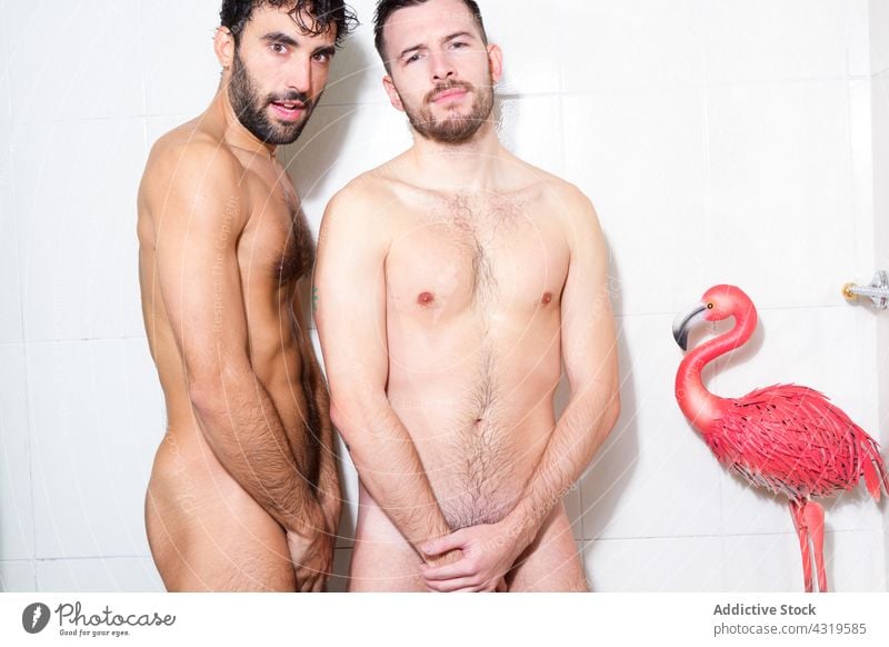 Multirassisches schwules Paar hat Spaß im Badezimmer Homosexualität Dusche Spaß haben nackt lgbt Zusammensein Männer Liebe Partnerschaft multiethnisch