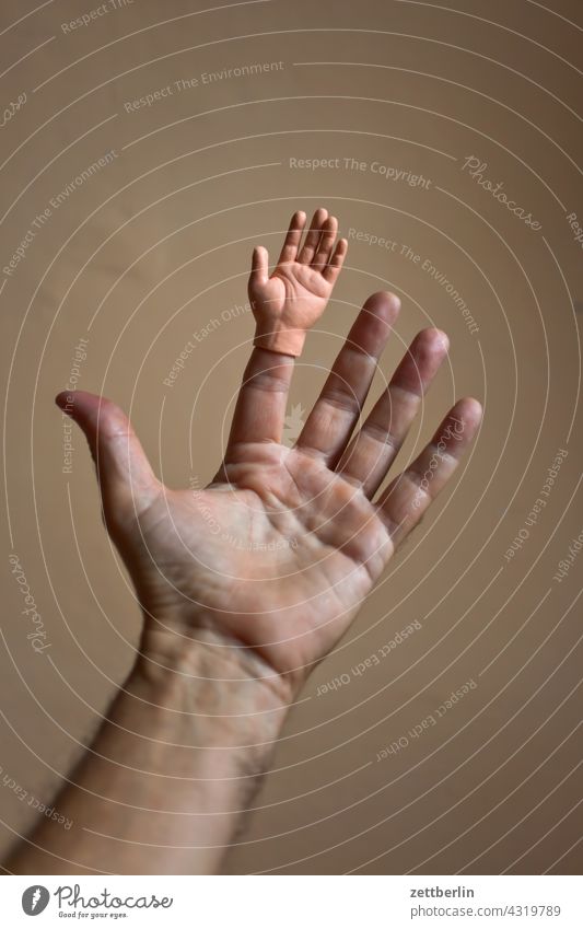 Hand mit Hand anatomie aufsatz daumen doppelt ersatz finger geste hand kleiner finger mann mensch mittelfinger puppe puppenhand ringfinger spielzeug