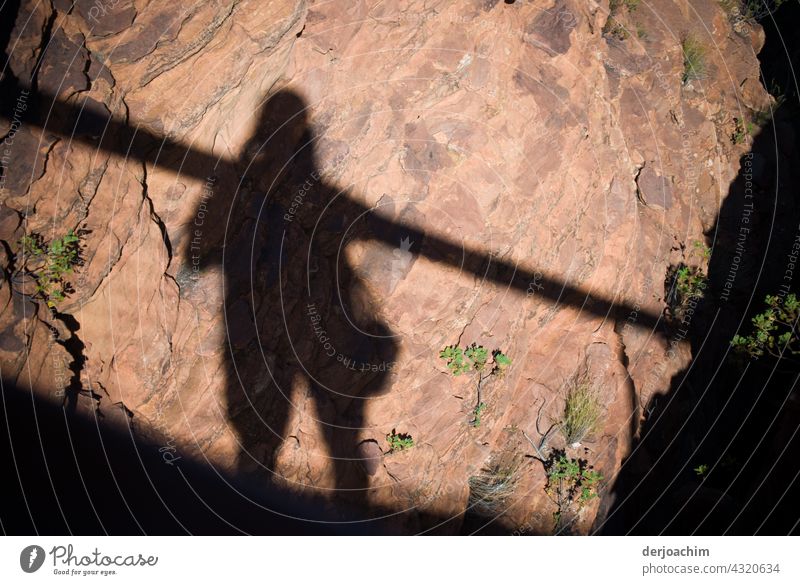 Großer Fotografen  Schatten am Kings Canyon. Der Fotograf mit Tasche geht auf dem Weg an dem roten Felsen vorbei , nach oben. Mann Mensch Silhouette Erwachsene