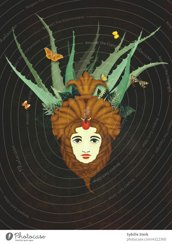 Kopf der Göttin Demeter mit Aloe und anderen Blättern, Schmetterlingen, Biene und Libelle Libellenjuwel surreal Mysterium feminin Veganer biologisch