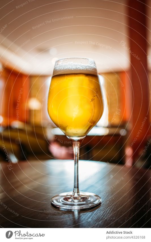 Ein Glas Bier Alkohol Amuse-Gueule Bar Getränk Bokeh Brauerei kalt Konzept Handwerk trinken schäumen Lebensmittel golden Pub Selektiver Fokus Snack Tisch